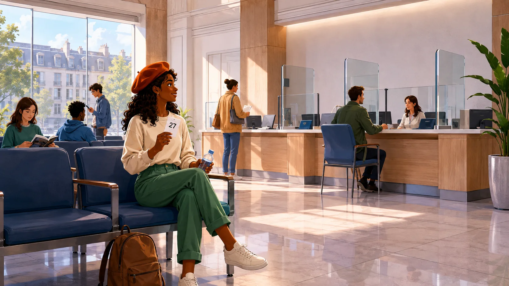 Alice attend son tour dans une administration, un ticket à la main.