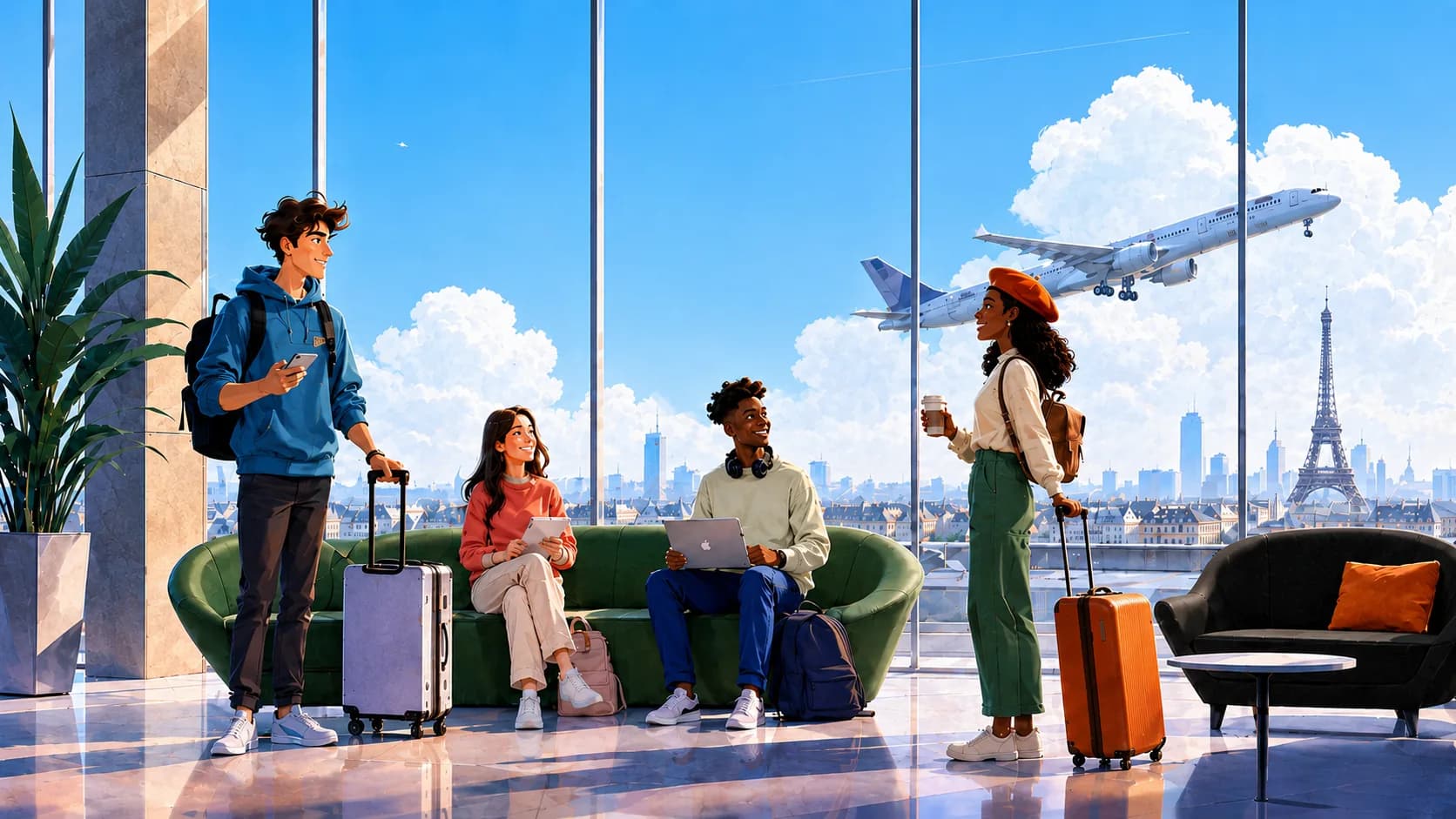Alice vient d’arriver à l’aéroport, valise orange à la main, avec Paris en arrière-plan.