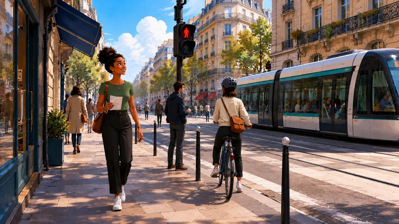 Alice marche dans une rue française, un document à la main, en découvrant la ville.