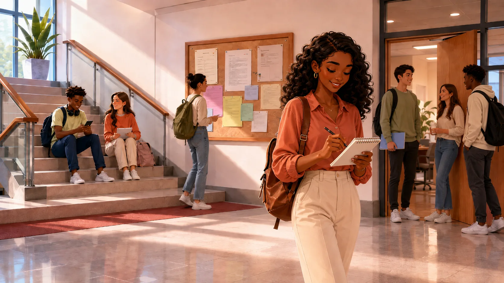 Alice traverse le hall d’une université en prenant des notes.