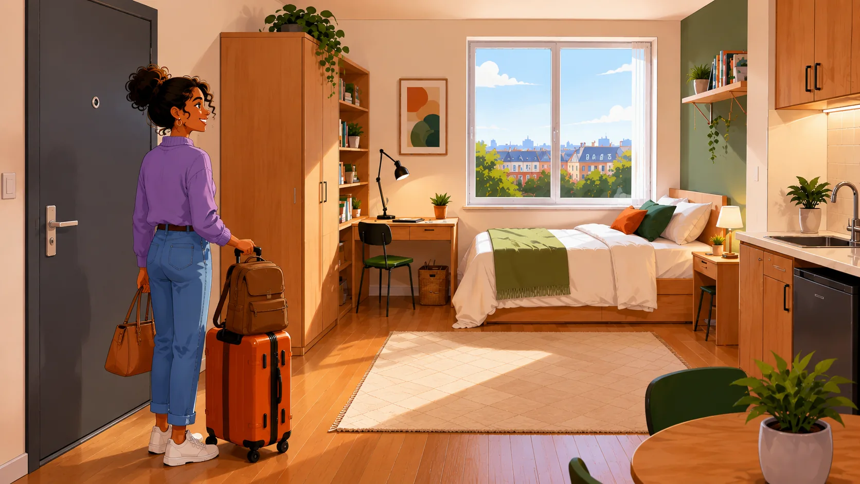 Alice arrive dans son studio étudiant, valise orange à ses côtés.
