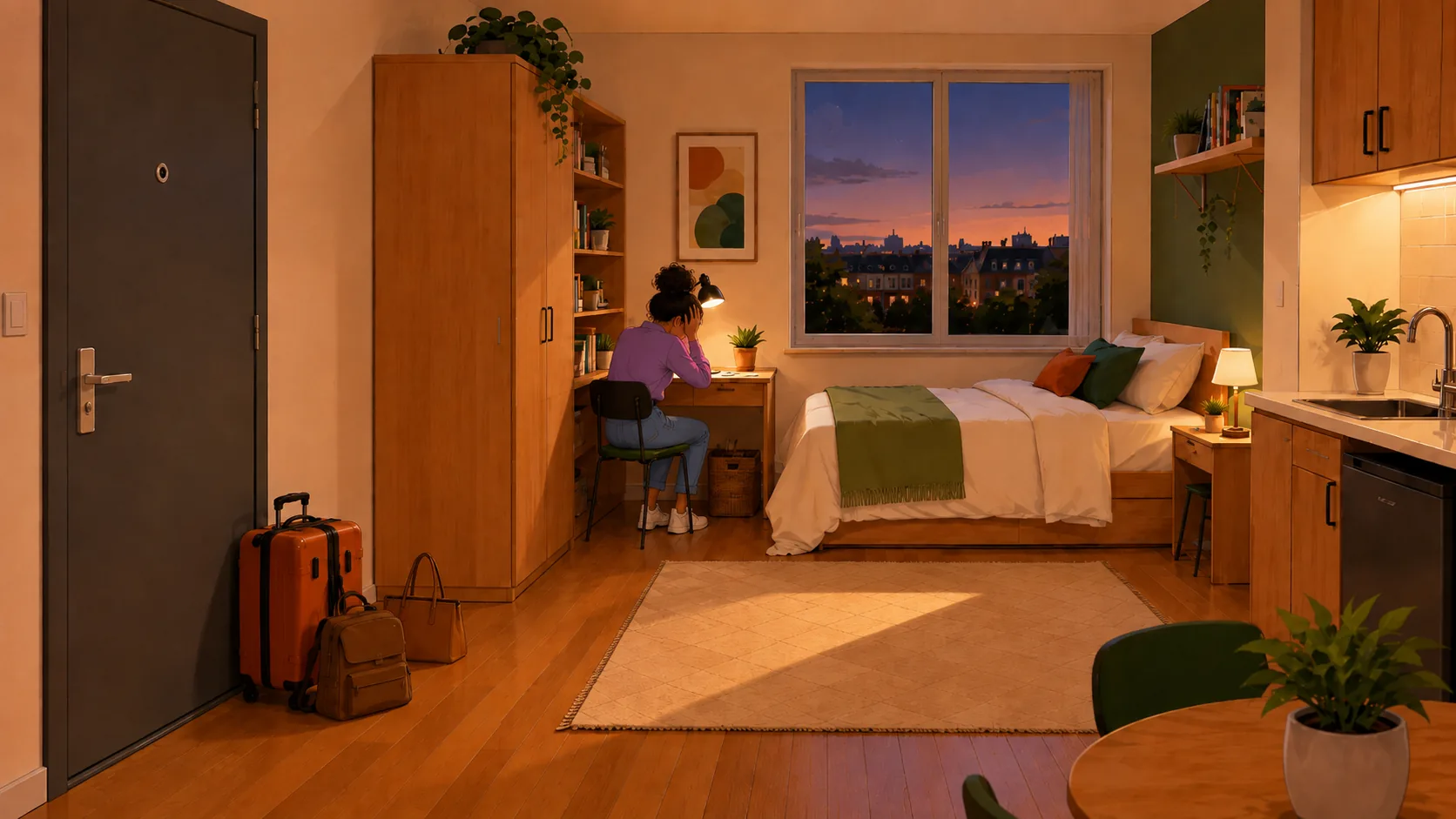 Alice, seule le soir dans son studio, la tête entre les mains devant des papiers administratifs.